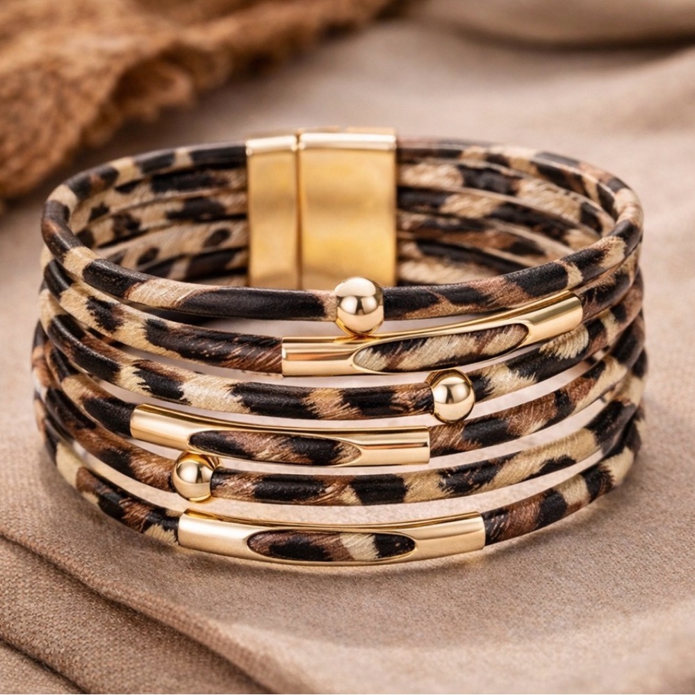 Leopard Print Gold Tone Cuff Bracelet